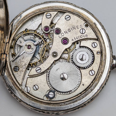 Around 1925 Vintage Longines pocket watch horse engraving hunter case on silver side works well